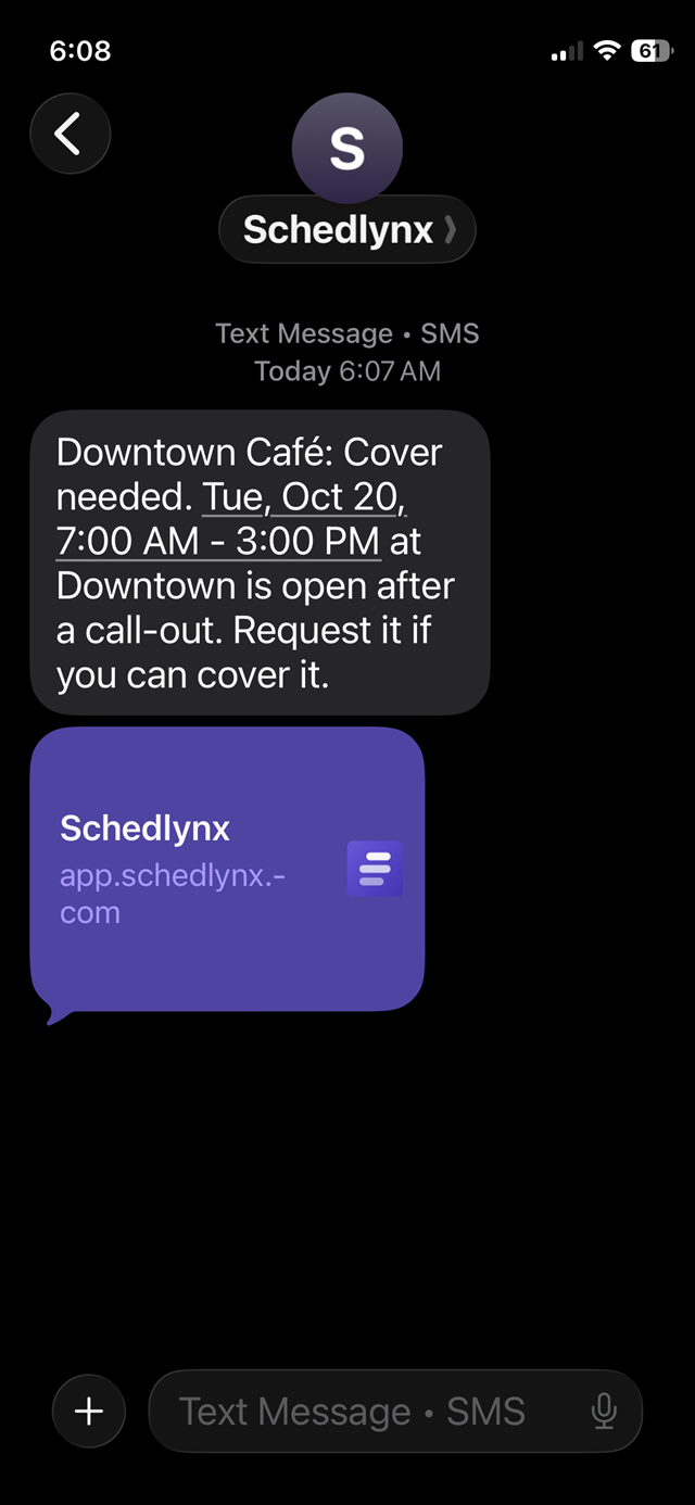 A cover request by text message, with its link.