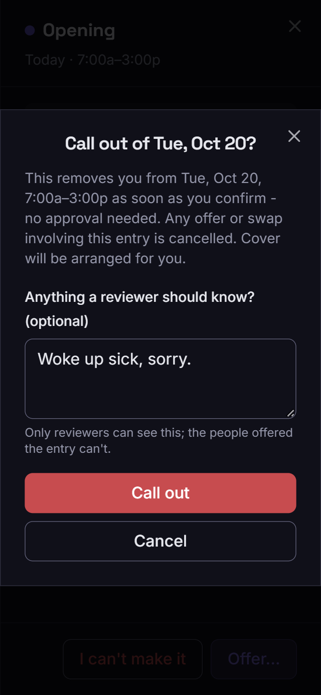 A call-out confirm on a phone, with a note for the reviewer.