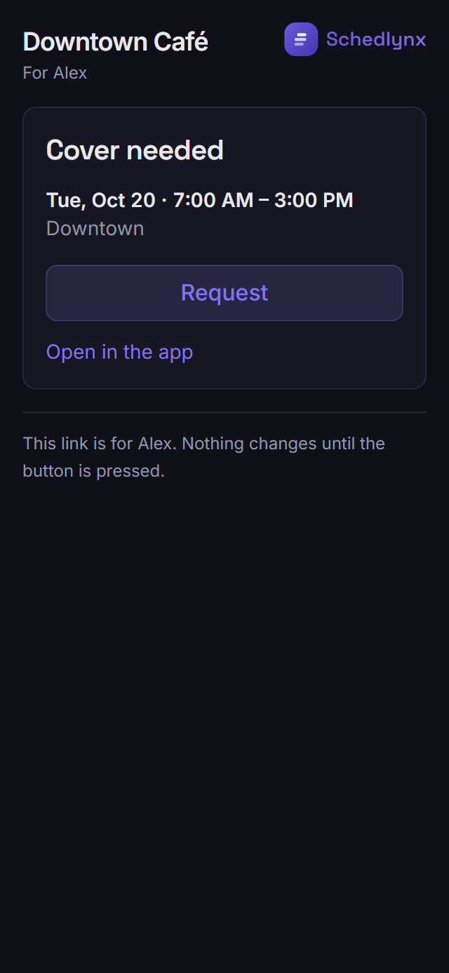 The cover request opened from a link, with its Request button.