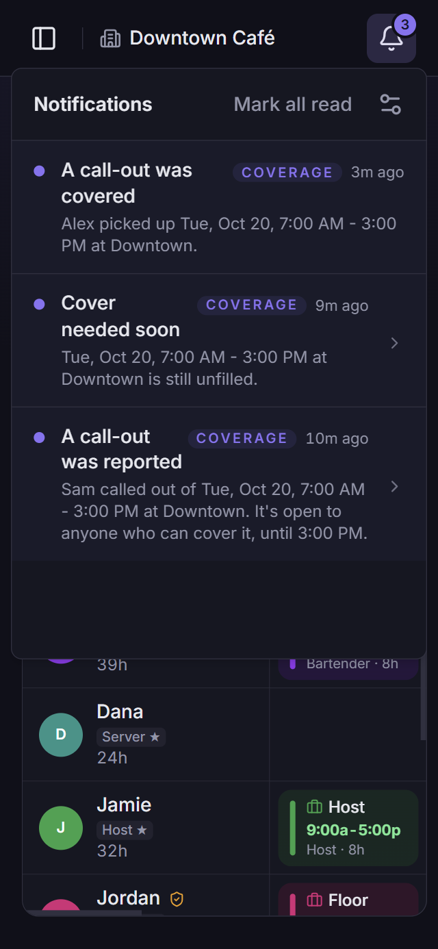 Notifications on a phone: a call-out was covered.